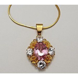 Pink & Clear Cubic Zirconia CZ Gold Plated Pendant Necklace